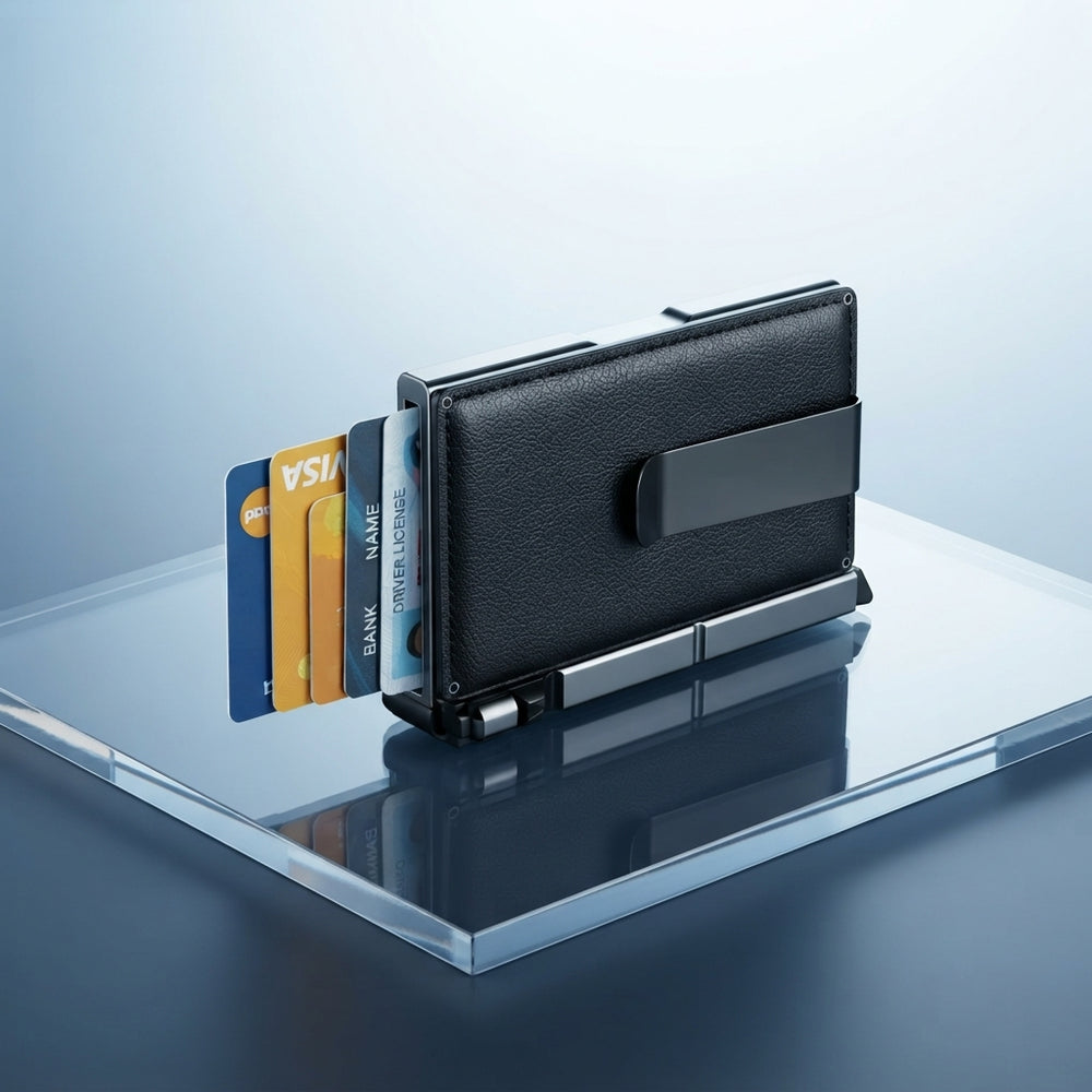 Sleek aluminum RFID card holder centered on a clean slate blue and white gradient background.