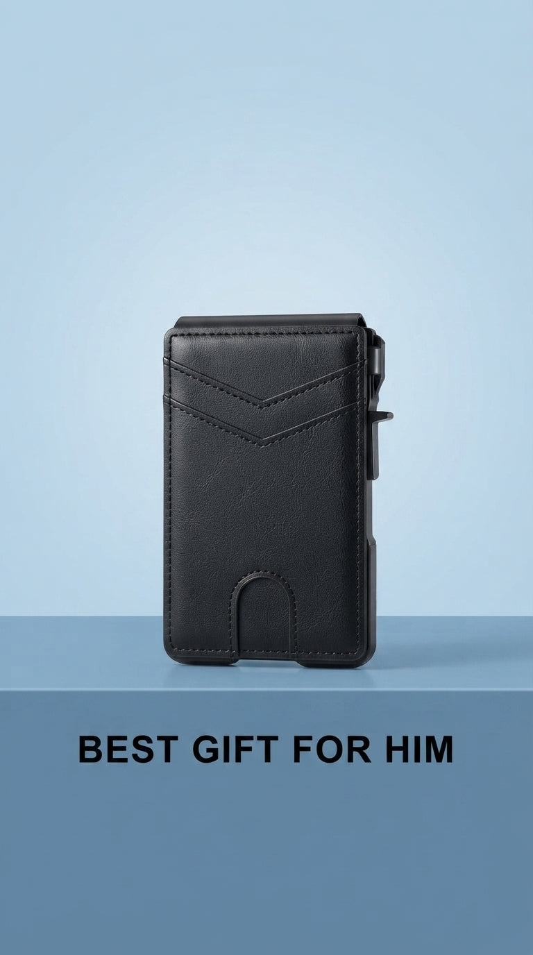 Minimalist metal RFID card holder centered against a soft blue gradient background.