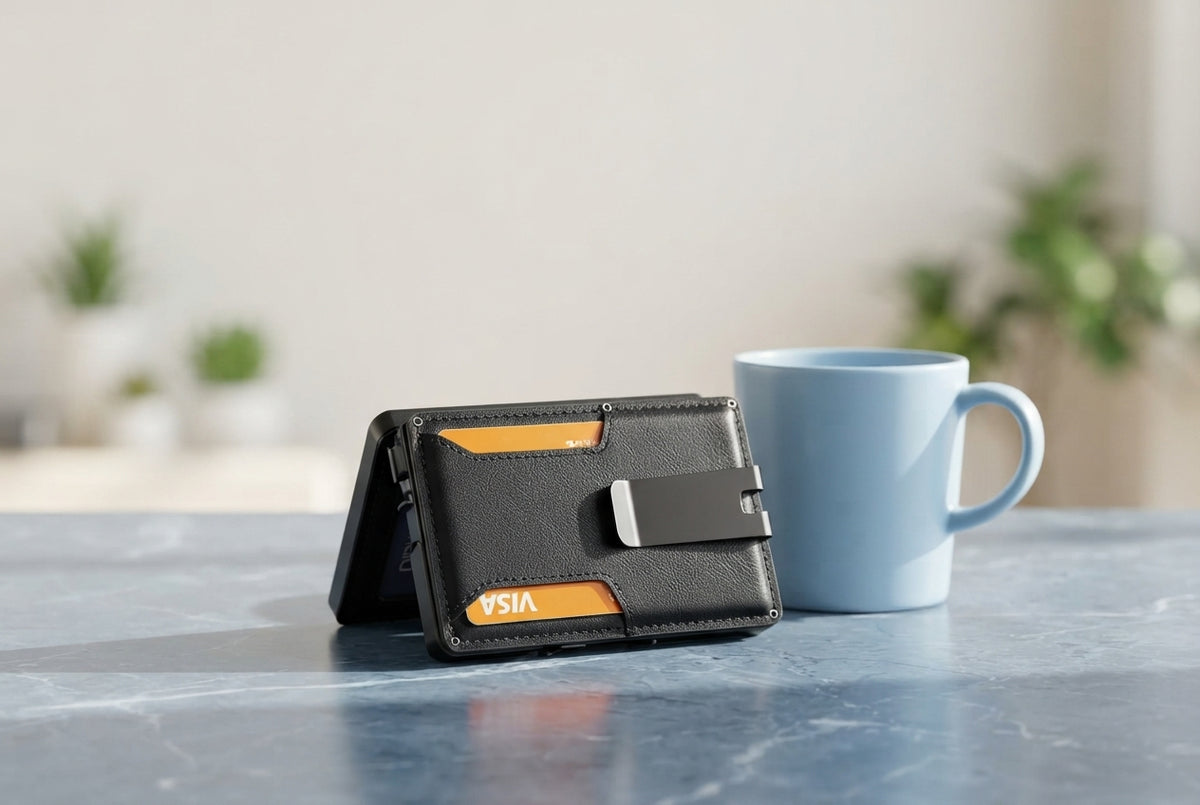 A minimalist metal RFID card holder sitting on a slate blue marble table next to a sky blue mug in soft natural light.